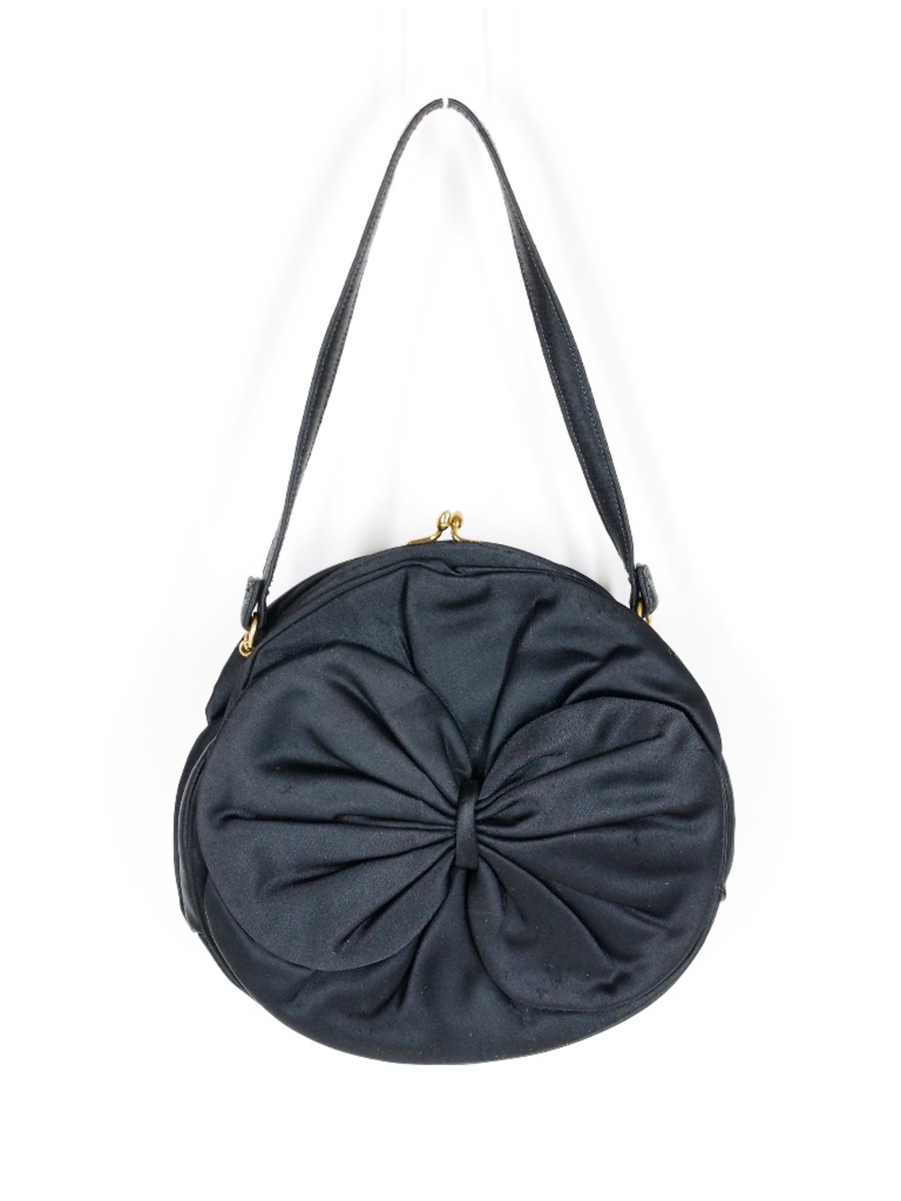Vintage Evening Bag 50s 60s Mid Century Black Satin Round Big Bow Accent Mel-Ton